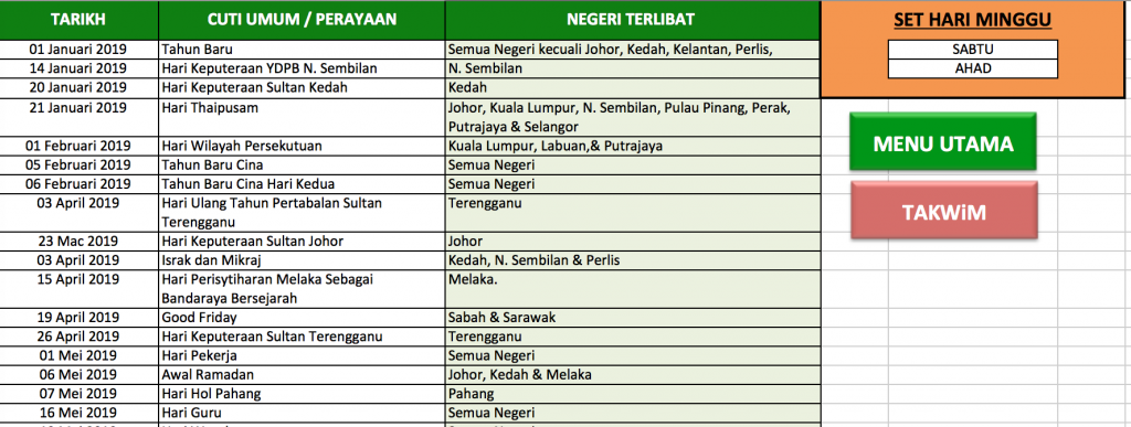 Set Cuti Umum / Perayaan serta Hujung Minggu.