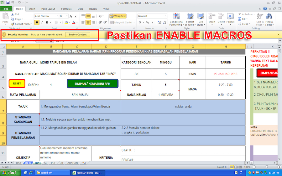 Pastikan cikgu Enable Content